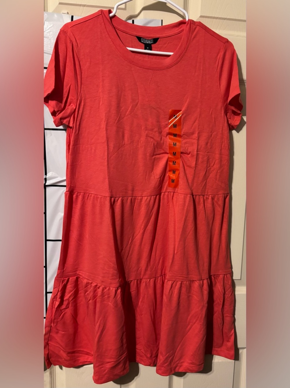 New Nicole Miller Coral-Red Short Sleeve Tiered Dress